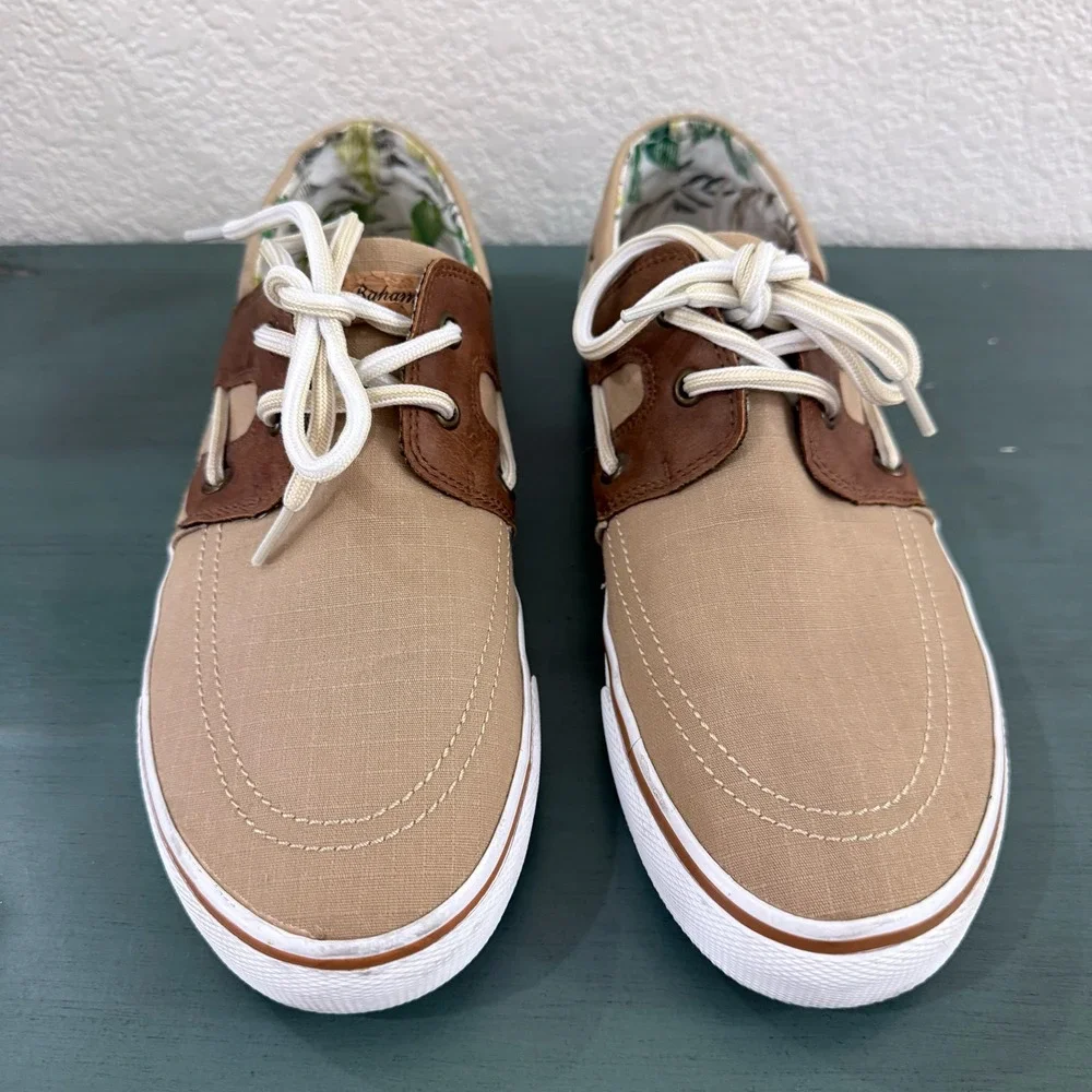 Tommy Bahama Mens Tan Canvas Brown Leather Boat Shoes‎ Lace Up Casual Size 8.5 D